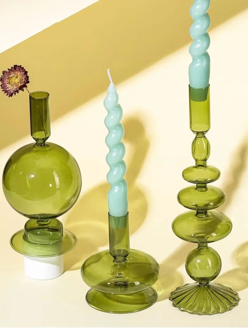 Set of 3 Wavy Taper Glass Sculptural Candle Holders | Green